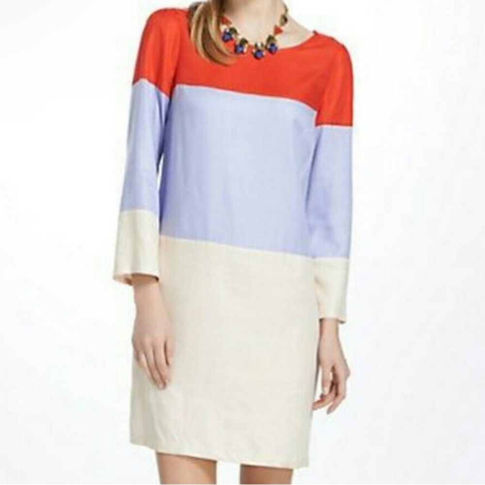 Anthropologie Maeve Red Purple Light Tan Colorblock 3/4 Sleeve Dress